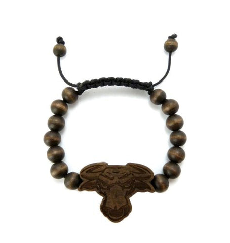 Bull Head Wooden Pendant Wood Bead Chain Bracelet in Brown-Tone WB21BRN