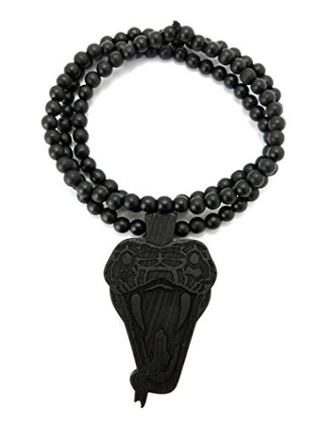 Snake Head Wood Pendant 36" Wooden Bead Chain Necklace in Black-Tone WX70BK
