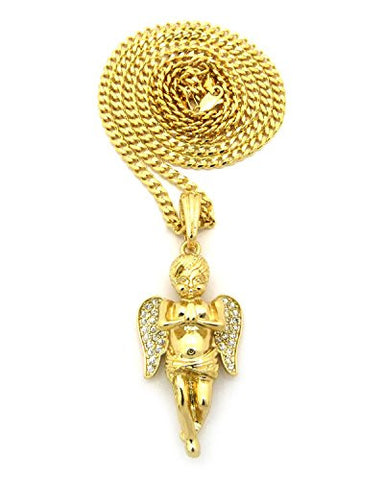 Pave Prayer Angel Pendant 3mm 30" Diamond-Cut Cuban Link Chain Necklace in Gold-Tone