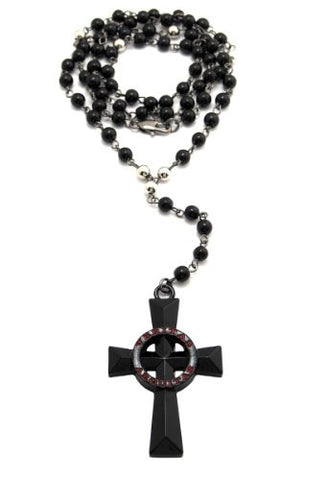 New Iced Out Black Veritas Aequitas Cross w/6mm Black Resin Bead Rosary Necklace XC313BK