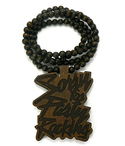 Sorry for Party Rocking Wood Pendant 36" Wooden Bead Chain Necklace in Brown-Tone WX27BRN