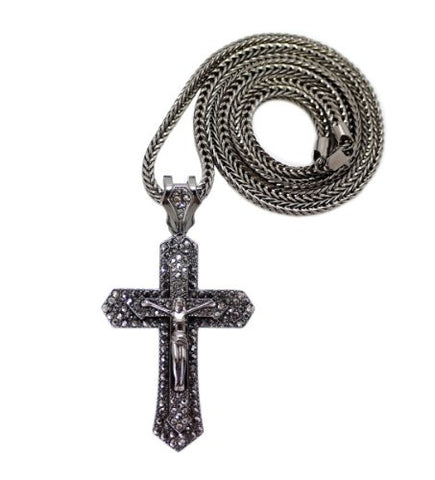 Paved Hematite Tone Crucifixion Cross Pendant w/ 4mm 36" Franco Chain
