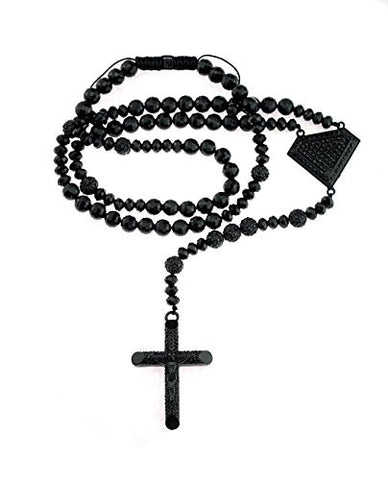 Black-Tone Diamond Shape and Crucifix Jesus Pendant 10mm 36" Faceted Bead Rosary Chain
