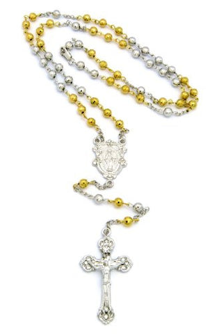 St. Mary and Gothic Crucifix Cross Pendant 36" Rosary Necklace - Two Tone