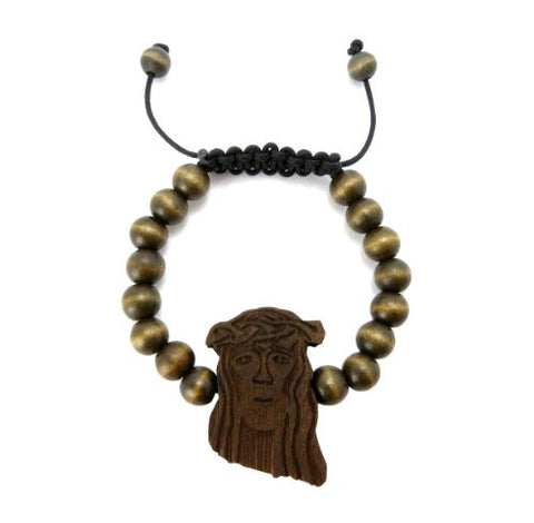 Wooden Jesus Pendant Wood Bead Chain Bracelet in Brown-Tone WB13BRN