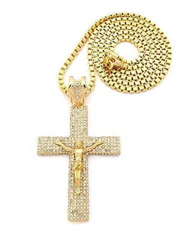 Paved Crucifix Jesus Cross Pendant w/ 36" Box Chain - Gold Tone XP495GBX