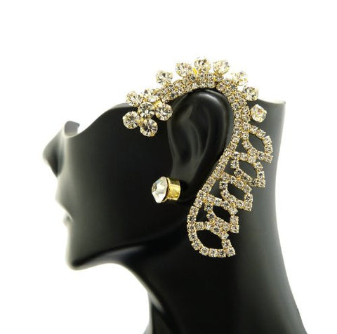 Flower Design Rhinestone Ear Cuff with Stud Earring in Gold-Tone