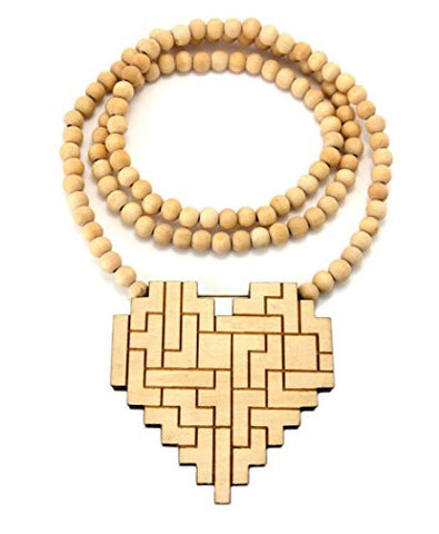 Puzzle Heart Wood Pendant 36" Wooden Bead Chain Necklace in Natural-Tone WX81NL