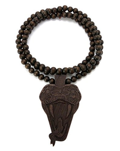 Snake Head Wood Pendant 36" Wooden Bead Chain Necklace in Brown-Tone WX70BRN