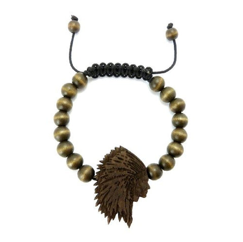 Wooden Native American Pendant Wood Bead Chain Bracelet in Brown-Tone WB12BRN
