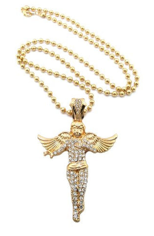 Iced Out Gold Tone Floating Angel Pendant Necklace w/ 5mm 30" Ball Chain XP915GBC