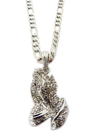 Pave Praying Hands Pendant w/ 24" Figaro Chain in Silver Tone MSP228R