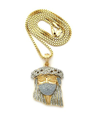 Pave Mask Jesus Pendant 2mm 30" Box Chain Necklace in Silver/Gold-Tone