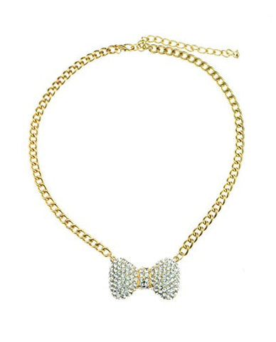 Rhinestone Studded Petite Bow Pendant 5mm 14" Link Chain Necklace in Gold-Tone