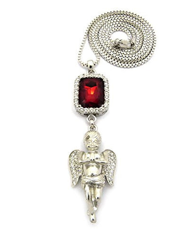 Faux Ruby Stone with Pave Prayer Angel Pendant 2mm 30" Box Chain Necklace in Silver-Tone