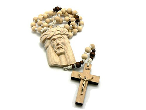 Jesus Face & Crucifix Cross Pendant Wood Rosary Necklace