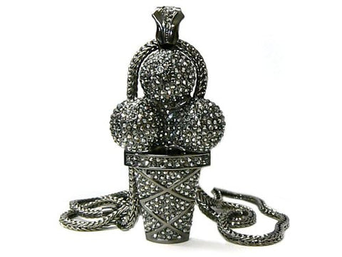 Iced Out Ice Cream Cone Hematite Tone Pendant w/ 4mm 36" Franco Chain MP685HE