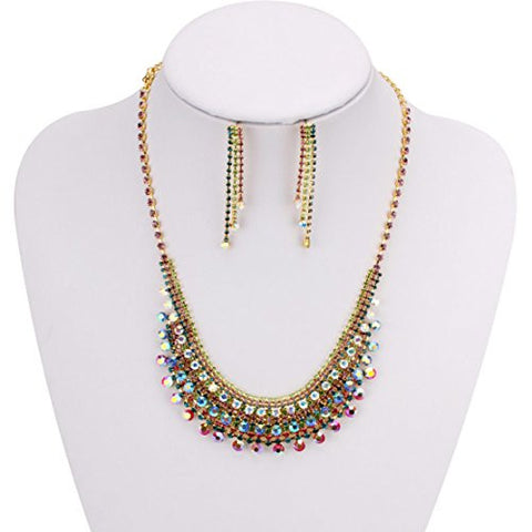 Iridescent Multi-Color Stone Bead Accent Pave Necklace and Earrings Jewelry Set in Gold-Tone