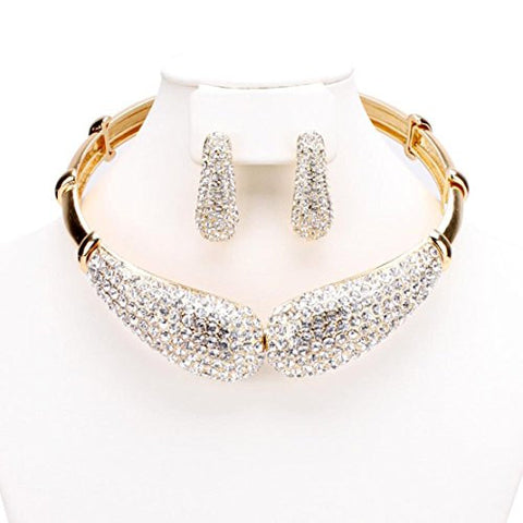 Magnet Opening Clear Rhinestone Flex Choker Collar Neckalce and Earrings Jewelry Set in Gold-Tone