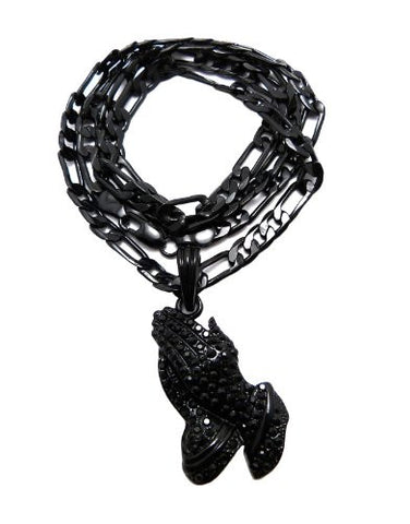 Pave Praying Hands Pendant w/ 24" Figaro Chain in Jet Black Tone MSP228BP