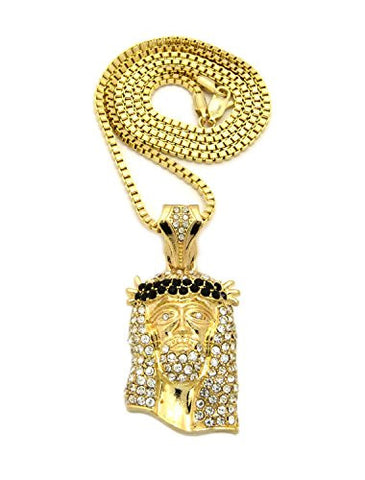 Black Stone Stud Jesus Face Pendant 2.5mm 24" Box Chain Necklace in Gold-Tone