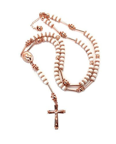 Praying Hands Crucifix Cross 39" White Glass Beads Rosary Necklace - Rose Gold/White-Tone HR200PGWH