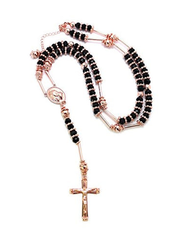 Praying Hands Crucifix Cross 39" Black Glass Bead Rosary Necklace - Rose Gold/Black-Tone HR200PGBK