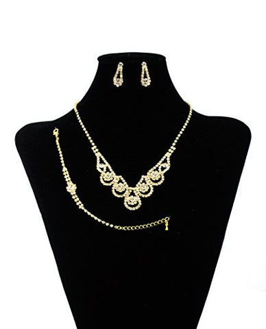 Rhinestone Studded Teardrop Design Necklace, Earrings, & Bracelet Jewelry Set in Gold-Tone