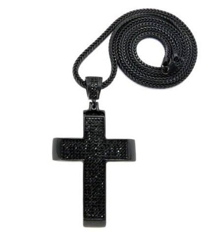 Iced Out Jet Black Cross Block Pendant w/ 4mm 36" Franco Chain MP788R