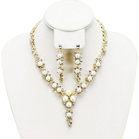 Floral Vine Design Rhinestone Pearl Evening Necklace and Earrings Jewelry Set in Gold-Tone