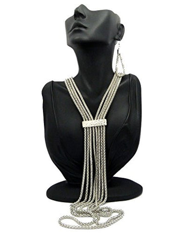 Women's Multi Length 4 Strand Y-Shape Necklace and Dangle Earrings Set in Silver-Tone