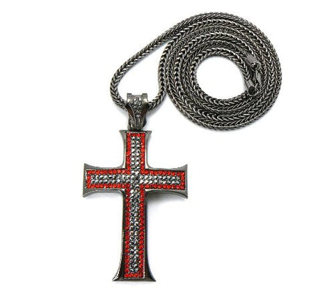 Hematite/Red Tone Cross Pendant w/ 4mm 36" Franco Chain Necklace