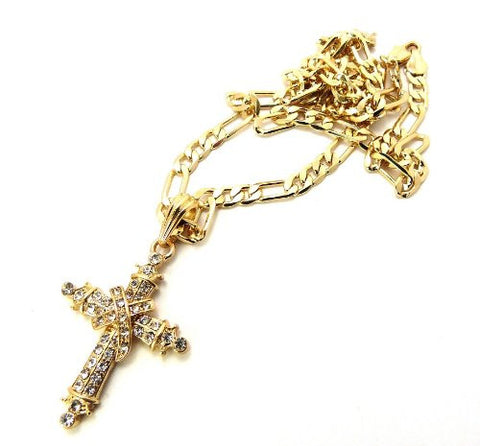 Gold Tone Iced Out Medieval Cross Pendant w/ 5mm 24" Figaro Chain