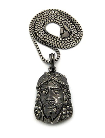 Jesus Rhinestone Stud Pendant 2.5mm 24" Box Chain Necklace in Hematite-Tone