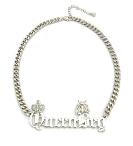 Queen Bey Crown Charm 8mm 16" Link Chain Fan Necklace in Silver Tone XC478R