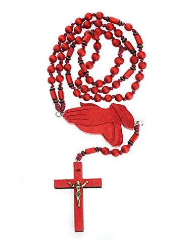 Praying Hands and Crucifix Cross Pendant Wood Rosary Necklace in Red-Tone