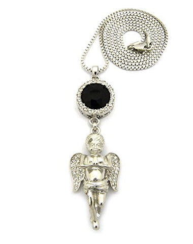 Round Faux Onyx Stone with Pave Prayer Angel Pendant 2mm 30" Box Chain Necklace in Silver-Tone