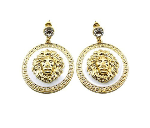 Lion Head Egyptian Style Medal Drop Earrings in White/Gold-Tone EMQ153GWH