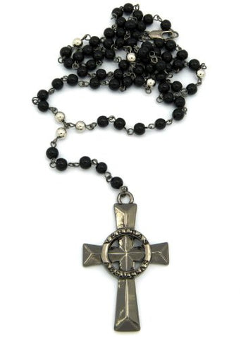 Mini Hematite Tone Veritas Aequitas Cross w/ 38" Glass Bead Rosary Necklace