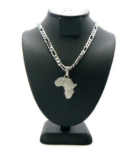 Rhinestone Africa Micro Pendant w/ 5mm 24" Figaro Chain in Silver Tone MSP094R