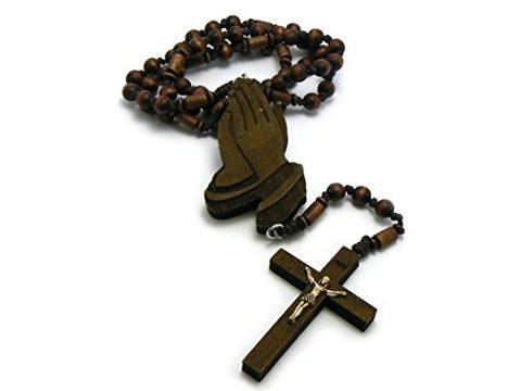 Praying Hands and Crucifix Cross Pendant Wood Rosary Necklace in Brown-Tone