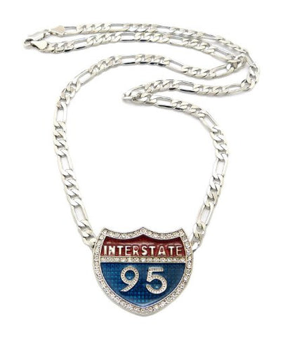 Red/Blue Interstate 95 Micro Pendant 5mm 24" Figaro Chain Necklace in Silver-Tone