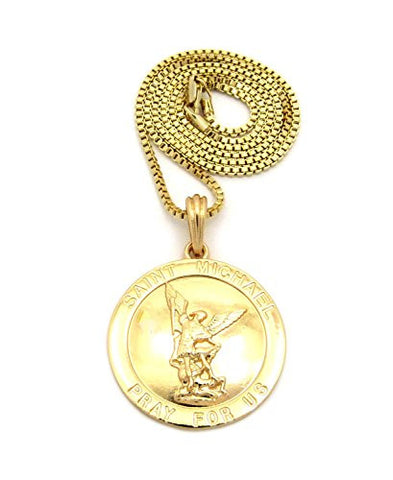 Saint Michael Archangel Medal Pendant w/ 2mm 24" Box Chain Necklace in Gold-Tone