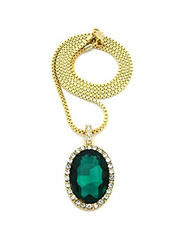 Hip Hop Micro Oval Faux Emerald Stone Pendant 2mm 24" Box Chain Necklace in Gold-Tone