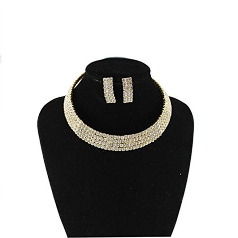 Clear 4 Row Elastic Flexing Rhinestone Choker Necklace and Earrings Jewelry Set