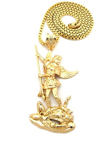 The Archangel Michael Pendant 4mm 36" Box Chain Necklace in Gold-Tone