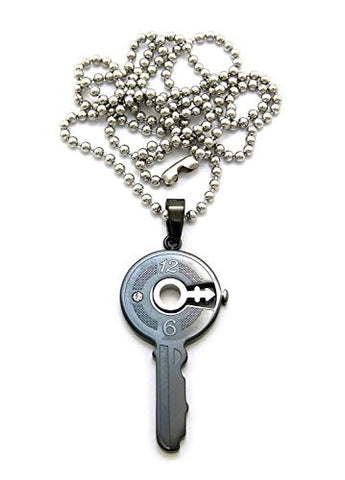 Black Time Key Pendant Necklace with 2mm 24" Stainless Steel Ball Chain - Silver-Tone