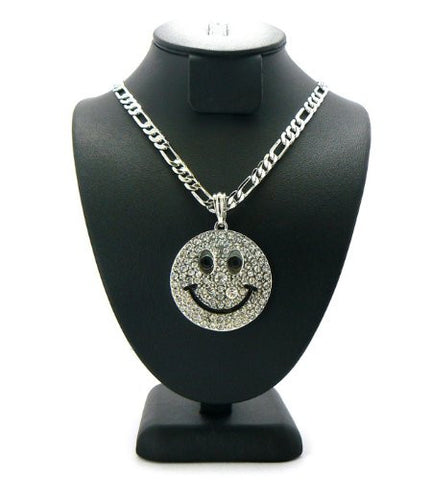 Pave Smiley Face Pendant w/ 5mm 24" Figaro Chain in Silver Tone MSP151R