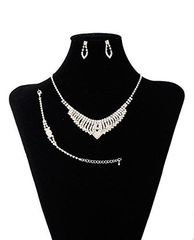 Rhinestone Studded Dangling Multi Row Necklace, Earrings, & Bracelet Jewelry Set in Silver-Tone