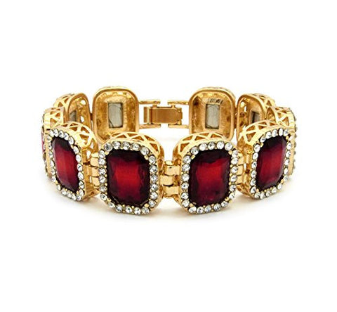 Rhinestone Studded Faux Ruby Stone Pendant Hip Hop Fashion Bracelet in Gold-Tone